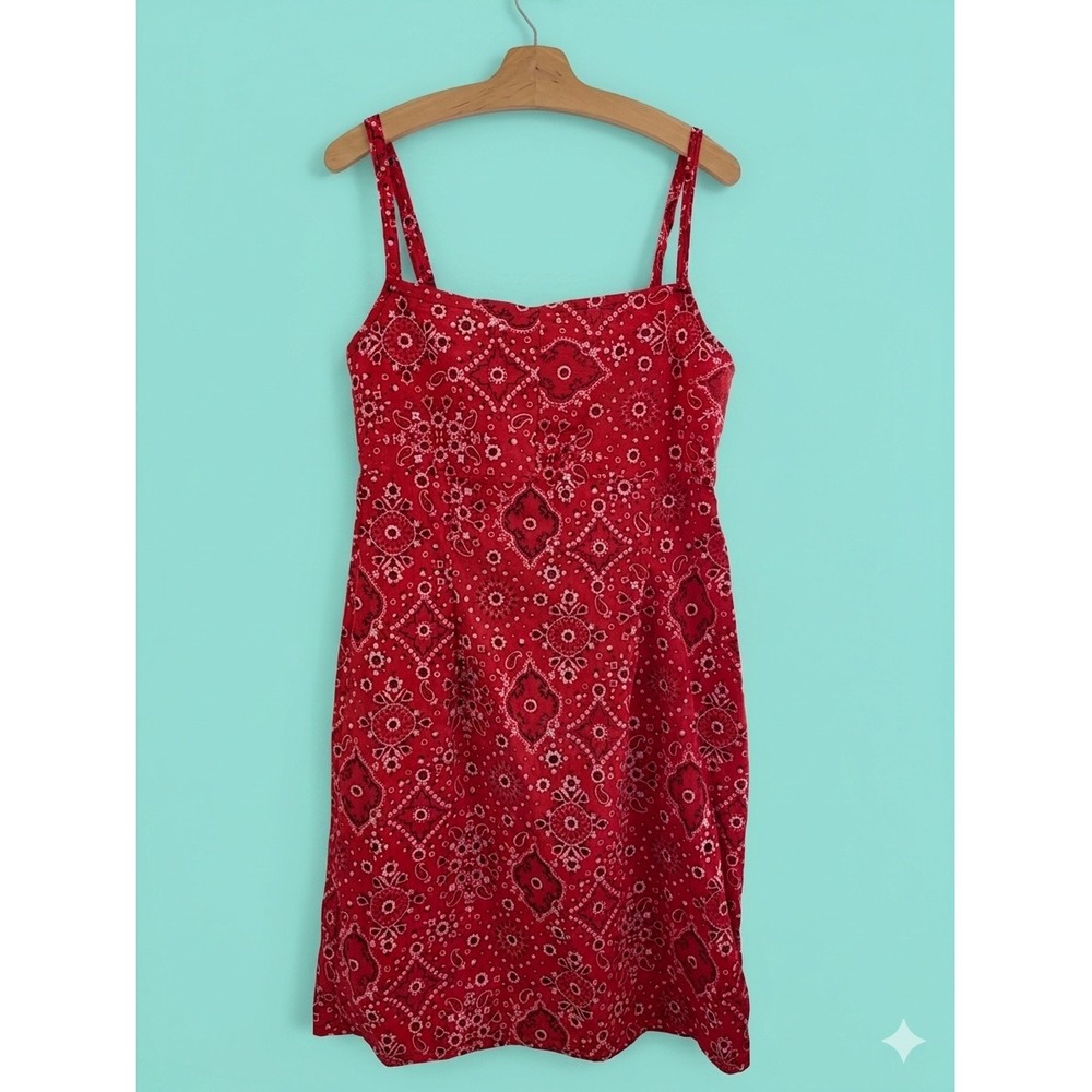 Vintage Red Bandana Print Midi Dress Small Empire Waist Cotton Slip Boho Western